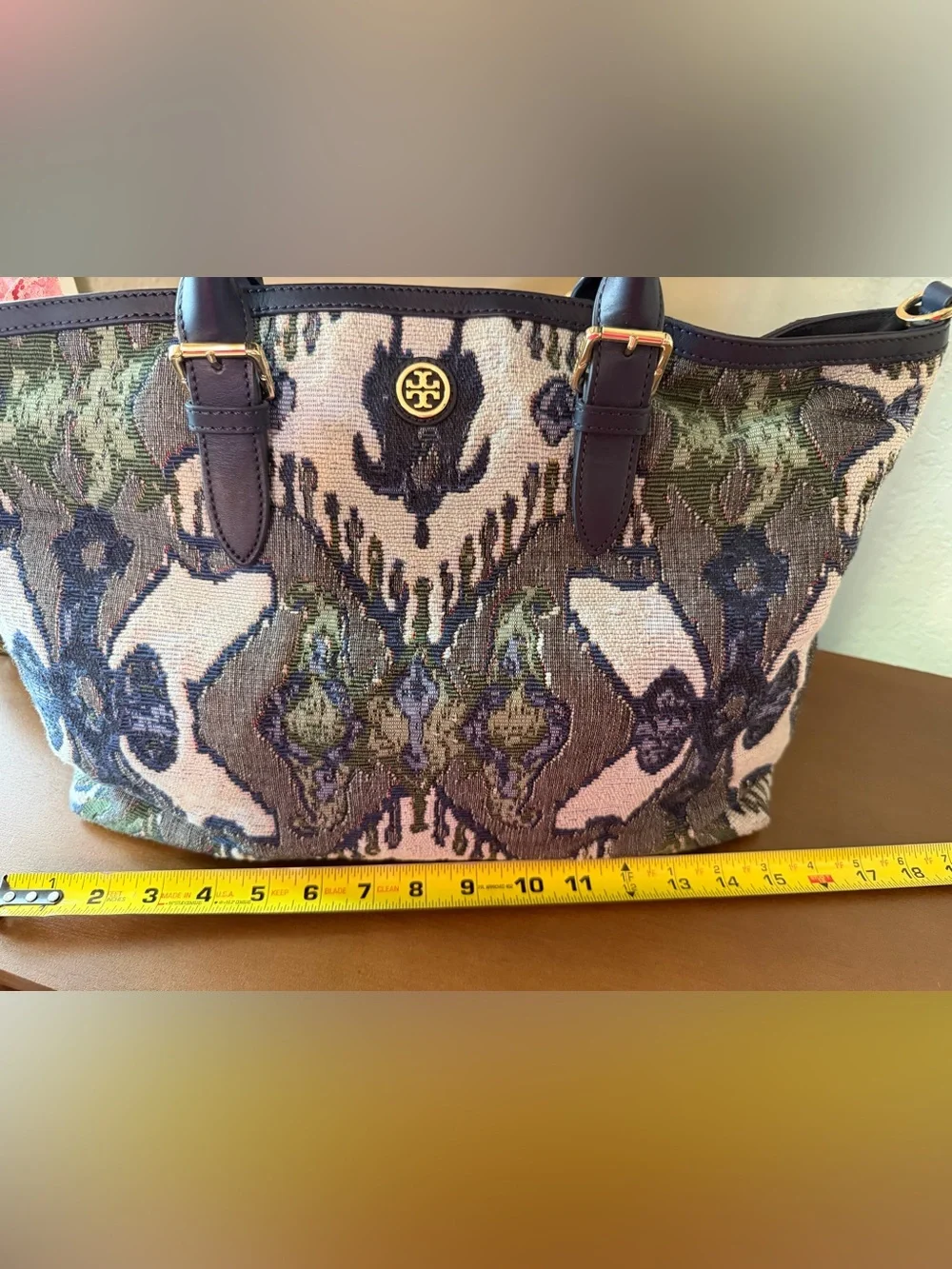 Tory Burch Olive Green, Navy and Cream Tapestry Tote with Dust Bag & long strap